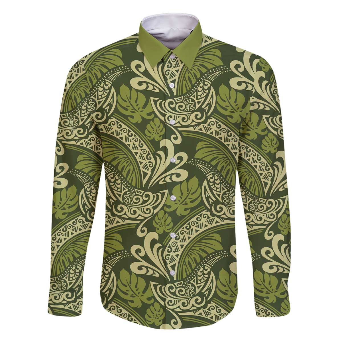 Olive Green Monstera Family Matching Off The Shoulder Long Sleeve Dress and Hawaiian Shirt Polynesian Tribal Pattern LT01 Dad's Shirt - Long Sleeve Green - Polynesian Pride