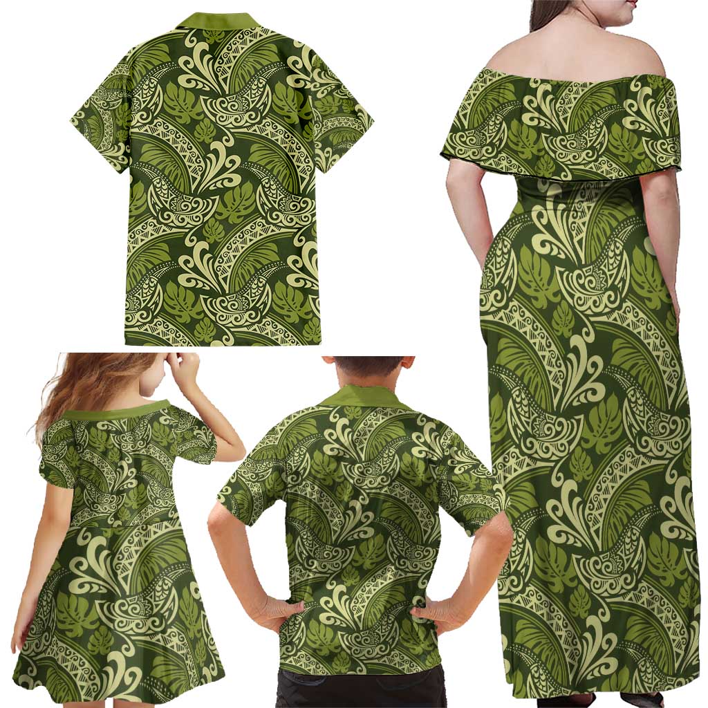 Olive Green Monstera Family Matching Off Shoulder Maxi Dress and Hawaiian Shirt Polynesian Tribal Pattern LT01 - Polynesian Pride