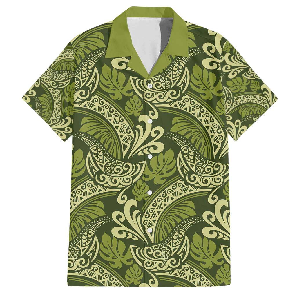 Olive Green Monstera Family Matching Off Shoulder Maxi Dress and Hawaiian Shirt Polynesian Tribal Pattern LT01 Dad's Shirt - Short Sleeve Green - Polynesian Pride