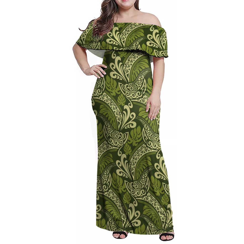 Olive Green Monstera Family Matching Off Shoulder Maxi Dress and Hawaiian Shirt Polynesian Tribal Pattern LT01 Mom's Dress Green - Polynesian Pride