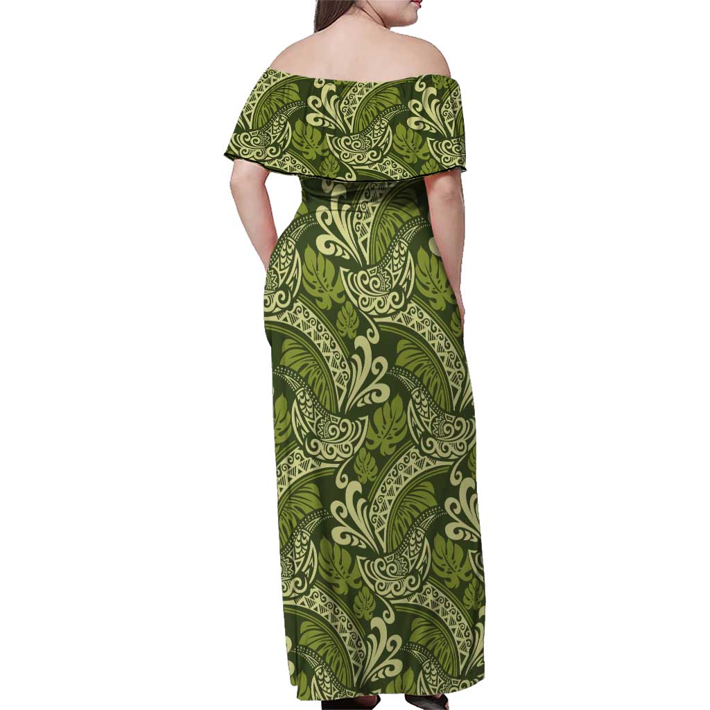 Olive Green Monstera Family Matching Off Shoulder Maxi Dress and Hawaiian Shirt Polynesian Tribal Pattern LT01 - Polynesian Pride