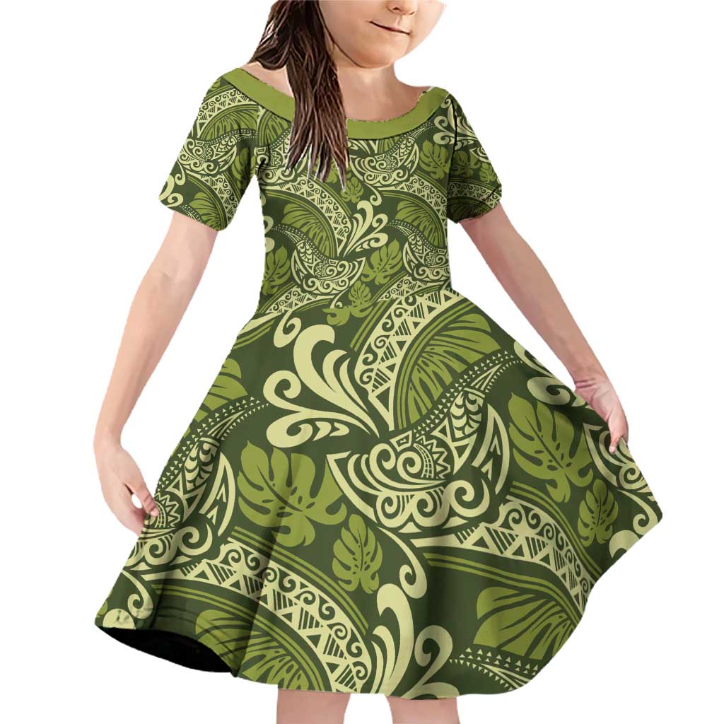 Olive Green Monstera Family Matching Off Shoulder Short Dress and Hawaiian Shirt Polynesian Tribal Pattern LT01 Daughter's Dress Green - Polynesian Pride