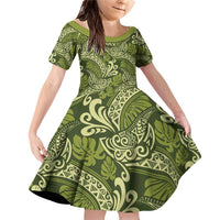 Olive Green Monstera Family Matching Off Shoulder Short Dress and Hawaiian Shirt Polynesian Tribal Pattern LT01 Daughter's Dress Green - Polynesian Pride