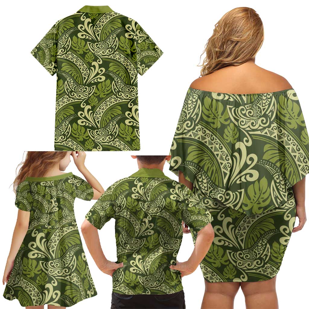 Olive Green Monstera Family Matching Off Shoulder Short Dress and Hawaiian Shirt Polynesian Tribal Pattern LT01 - Polynesian Pride