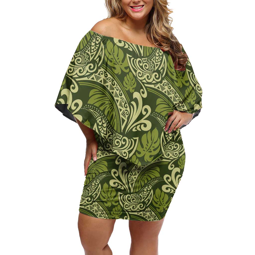 Olive Green Monstera Family Matching Off Shoulder Short Dress and Hawaiian Shirt Polynesian Tribal Pattern LT01 Mom's Dress Green - Polynesian Pride