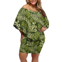 Olive Green Monstera Family Matching Off Shoulder Short Dress and Hawaiian Shirt Polynesian Tribal Pattern LT01 Mom's Dress Green - Polynesian Pride