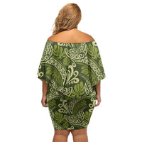 Olive Green Monstera Family Matching Off Shoulder Short Dress and Hawaiian Shirt Polynesian Tribal Pattern LT01 - Polynesian Pride