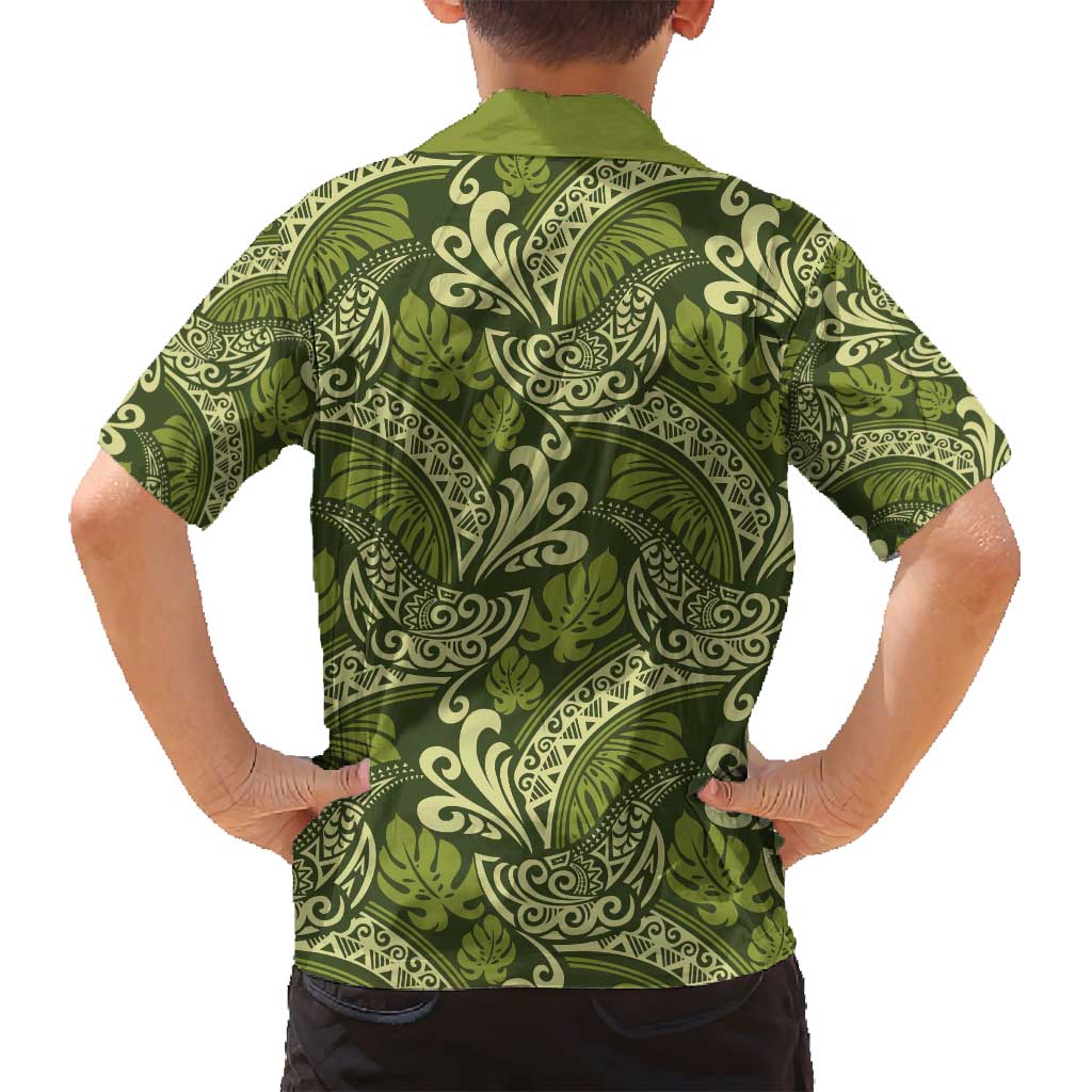 Olive Green Monstera Family Matching Puletasi and Hawaiian Shirt Polynesian Tribal Pattern - Polynesian Pride