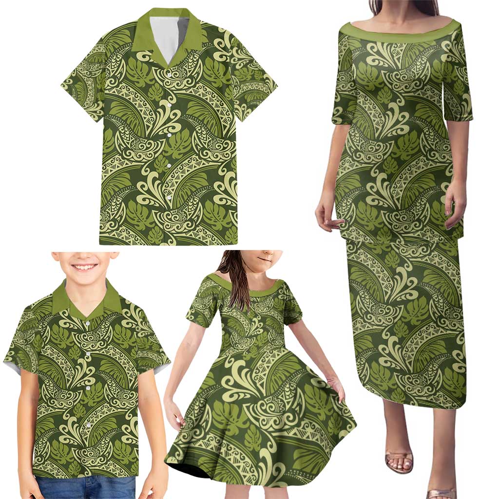 Olive Green Monstera Family Matching Puletasi and Hawaiian Shirt Polynesian Tribal Pattern LT01 - Polynesian Pride
