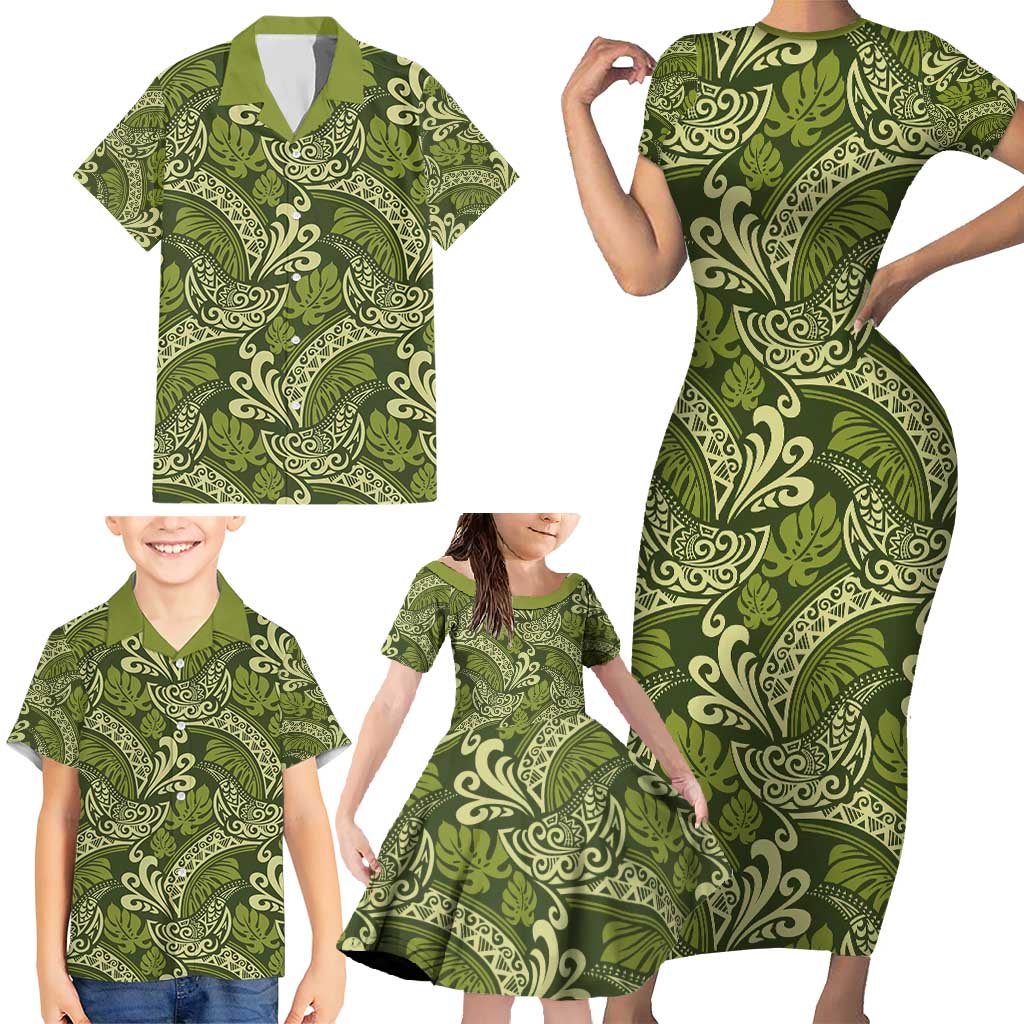 Olive Green Monstera Family Matching Short Sleeve Bodycon Dress and Hawaiian Shirt Polynesian Tribal Pattern LT01 - Polynesian Pride