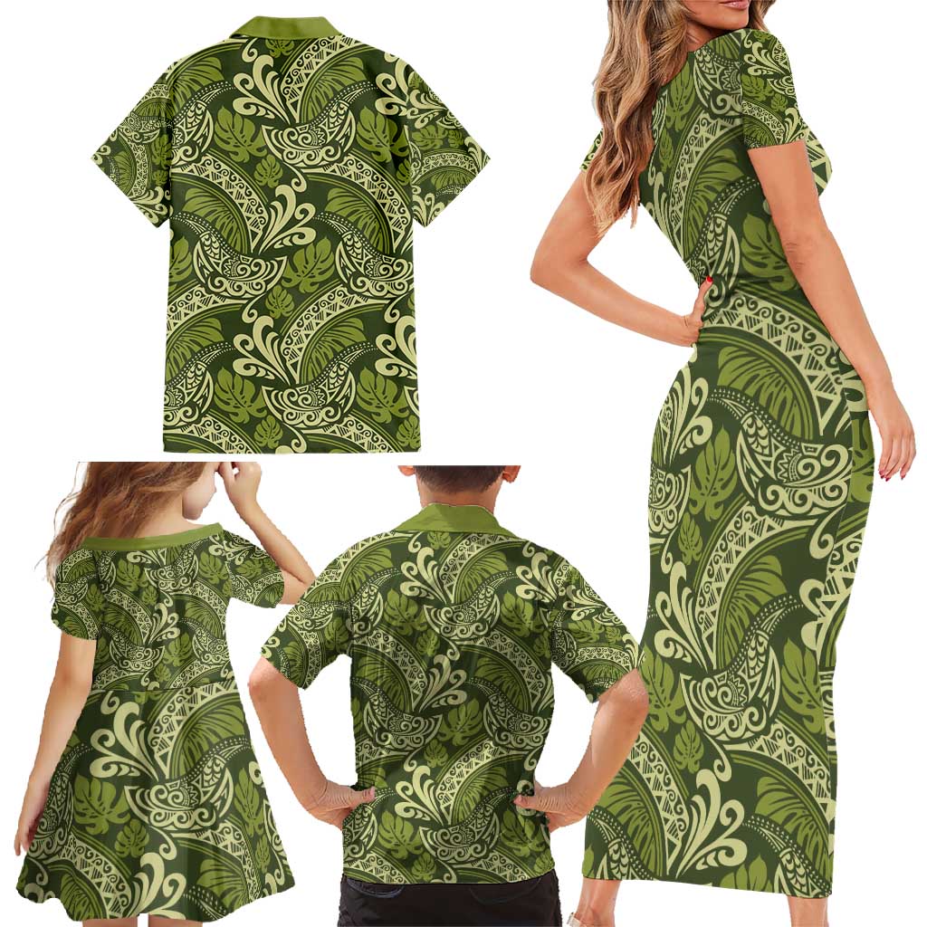 Olive Green Monstera Family Matching Short Sleeve Bodycon Dress and Hawaiian Shirt Polynesian Tribal Pattern LT01 - Polynesian Pride