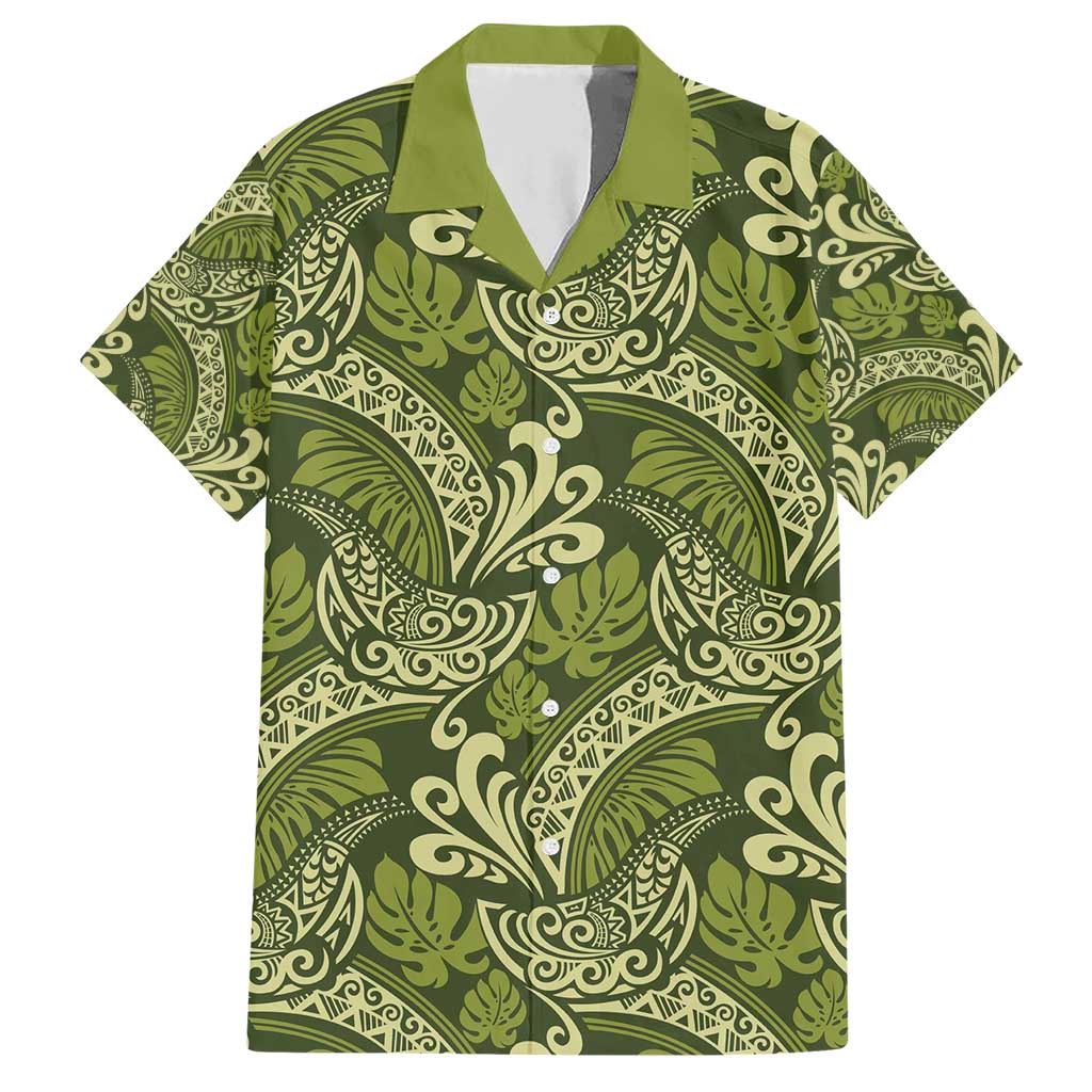Olive Green Monstera Family Matching Short Sleeve Bodycon Dress and Hawaiian Shirt Polynesian Tribal Pattern LT01 Dad's Shirt - Short Sleeve Green - Polynesian Pride