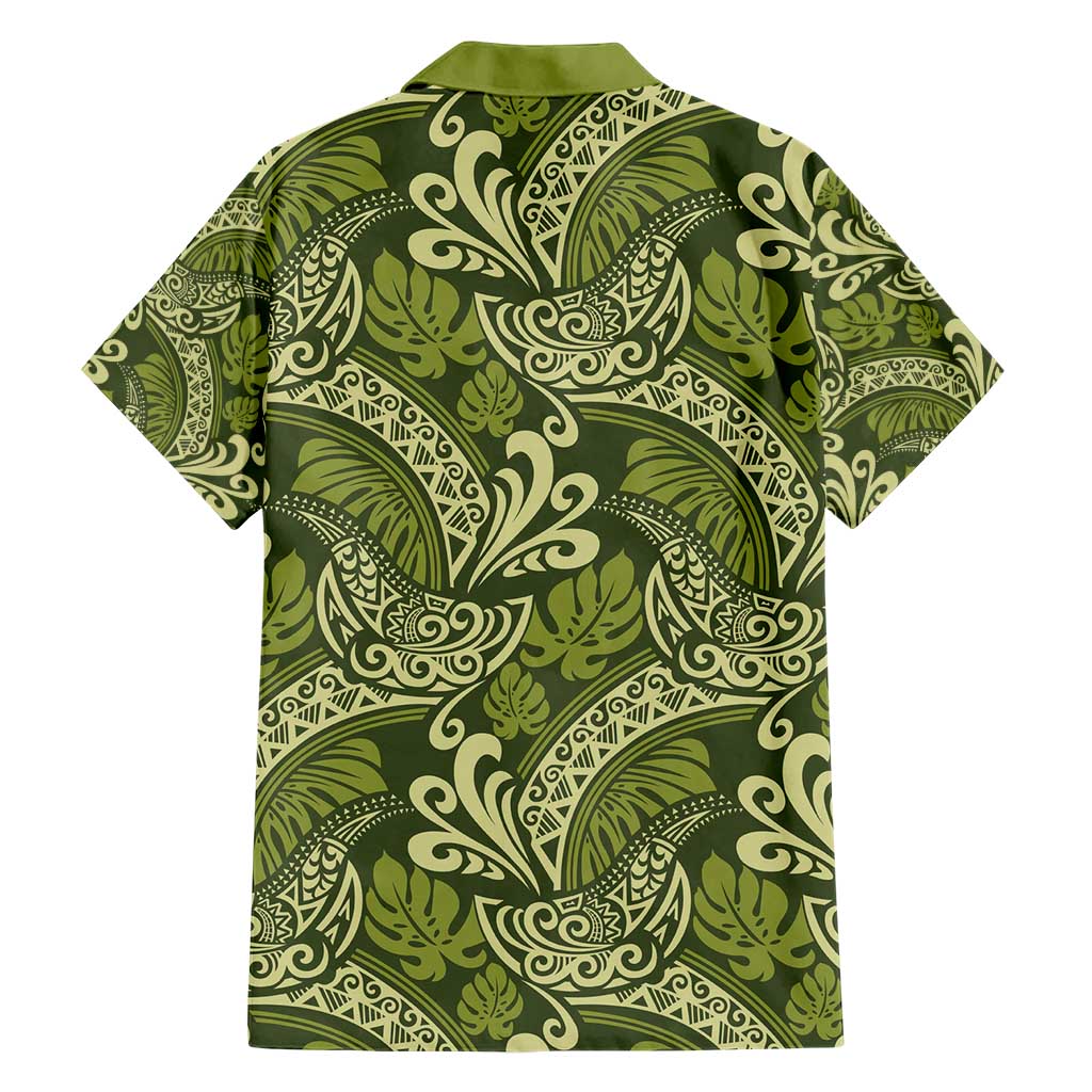 Olive Green Monstera Family Matching Short Sleeve Bodycon Dress and Hawaiian Shirt Polynesian Tribal Pattern LT01 - Polynesian Pride
