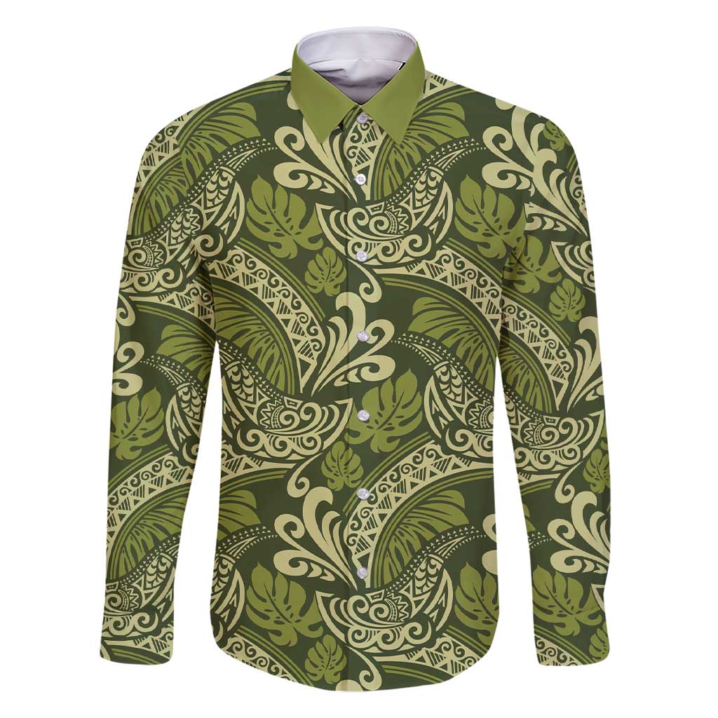 Olive Green Monstera Family Matching Short Sleeve Bodycon Dress and Hawaiian Shirt Polynesian Tribal Pattern LT01 Dad's Shirt - Long Sleeve Green - Polynesian Pride