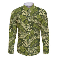 Olive Green Monstera Family Matching Short Sleeve Bodycon Dress and Hawaiian Shirt Polynesian Tribal Pattern LT01 Dad's Shirt - Long Sleeve Green - Polynesian Pride