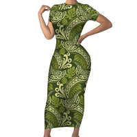 Olive Green Monstera Family Matching Short Sleeve Bodycon Dress and Hawaiian Shirt Polynesian Tribal Pattern LT01 Mom's Dress Green - Polynesian Pride