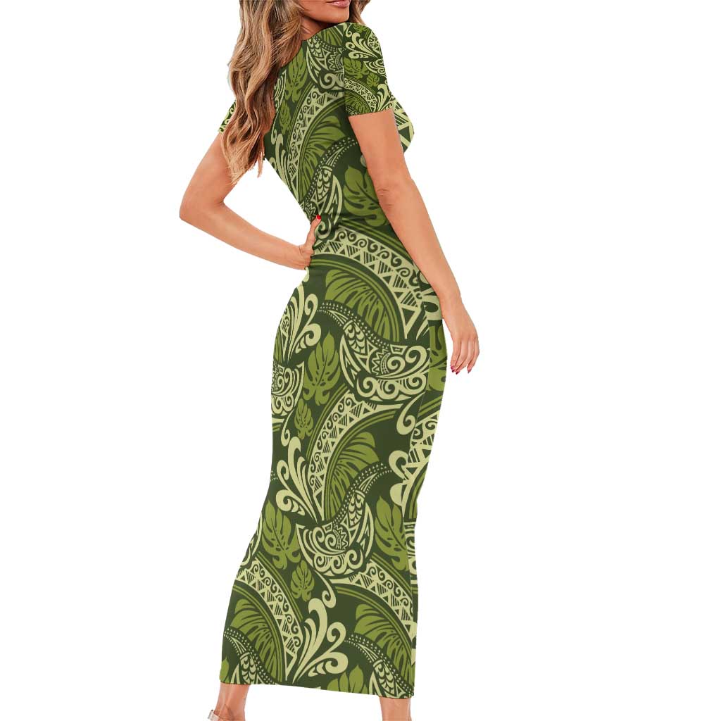 Olive Green Monstera Family Matching Short Sleeve Bodycon Dress and Hawaiian Shirt Polynesian Tribal Pattern LT01 - Polynesian Pride
