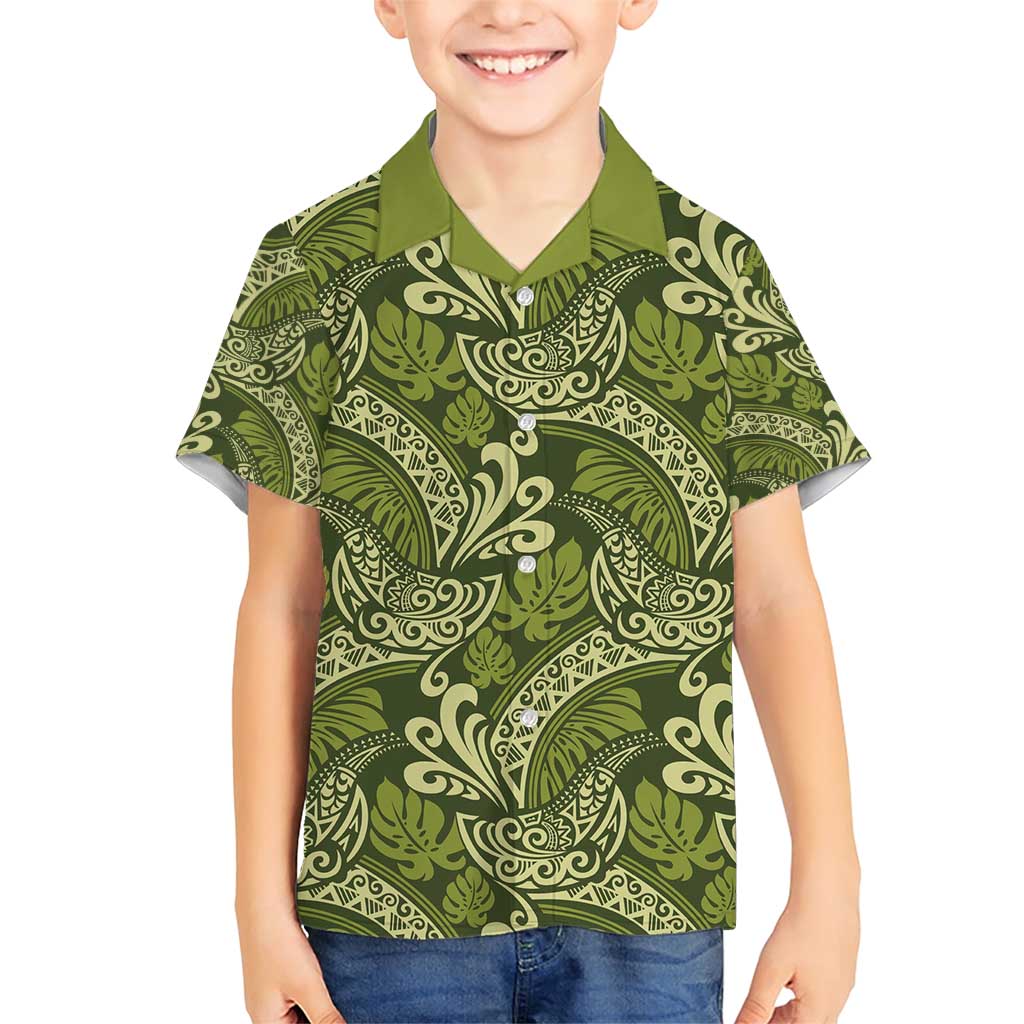 Olive Green Monstera Family Matching Short Sleeve Bodycon Dress and Hawaiian Shirt Polynesian Tribal Pattern LT01 Son's Shirt Green - Polynesian Pride