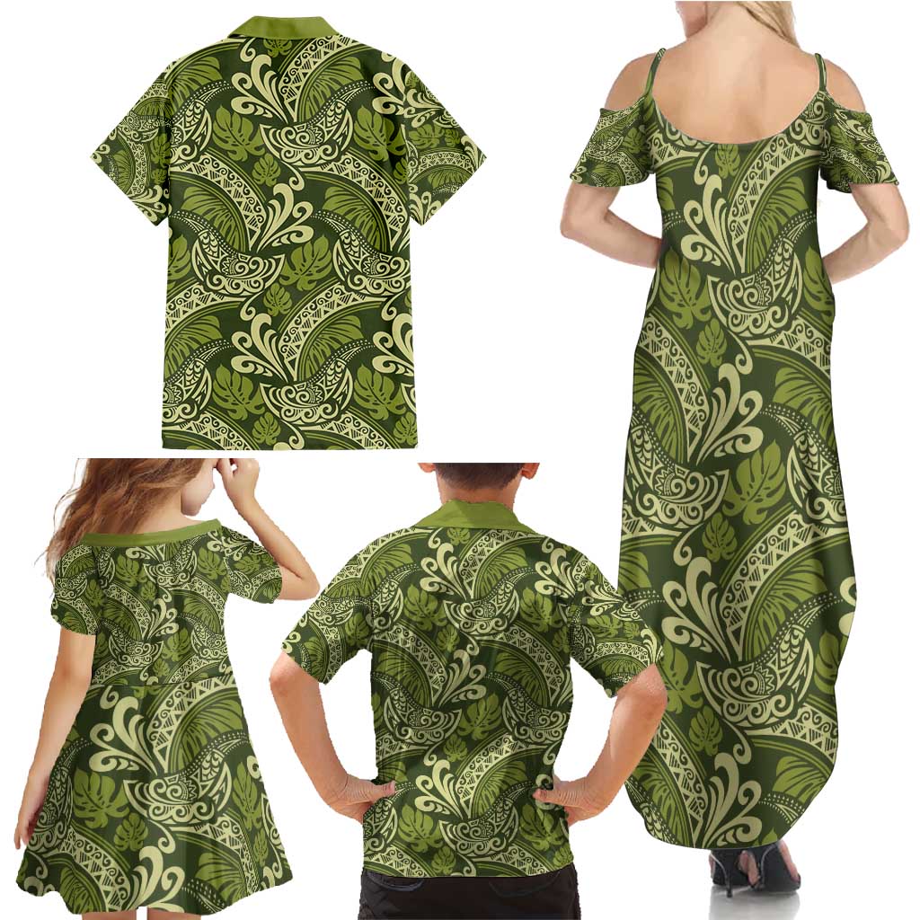 Olive Green Monstera Family Matching Summer Maxi Dress and Hawaiian Shirt Polynesian Tribal Pattern LT01 - Polynesian Pride