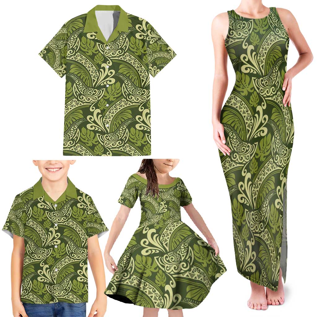 Olive Green Monstera Family Matching Tank Maxi Dress and Hawaiian Shirt Polynesian Tribal Pattern LT01 - Polynesian Pride