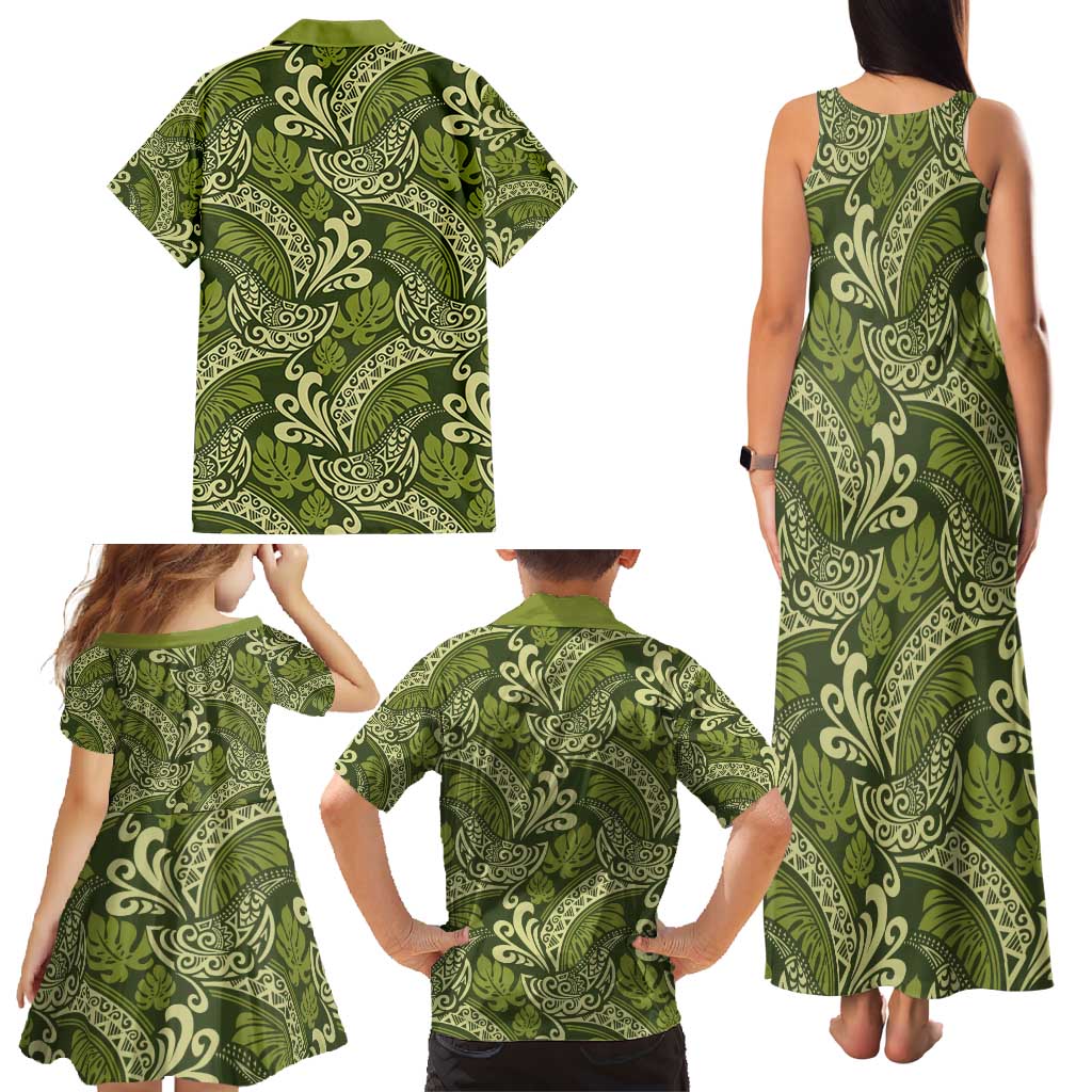 Olive Green Monstera Family Matching Tank Maxi Dress and Hawaiian Shirt Polynesian Tribal Pattern LT01 - Polynesian Pride