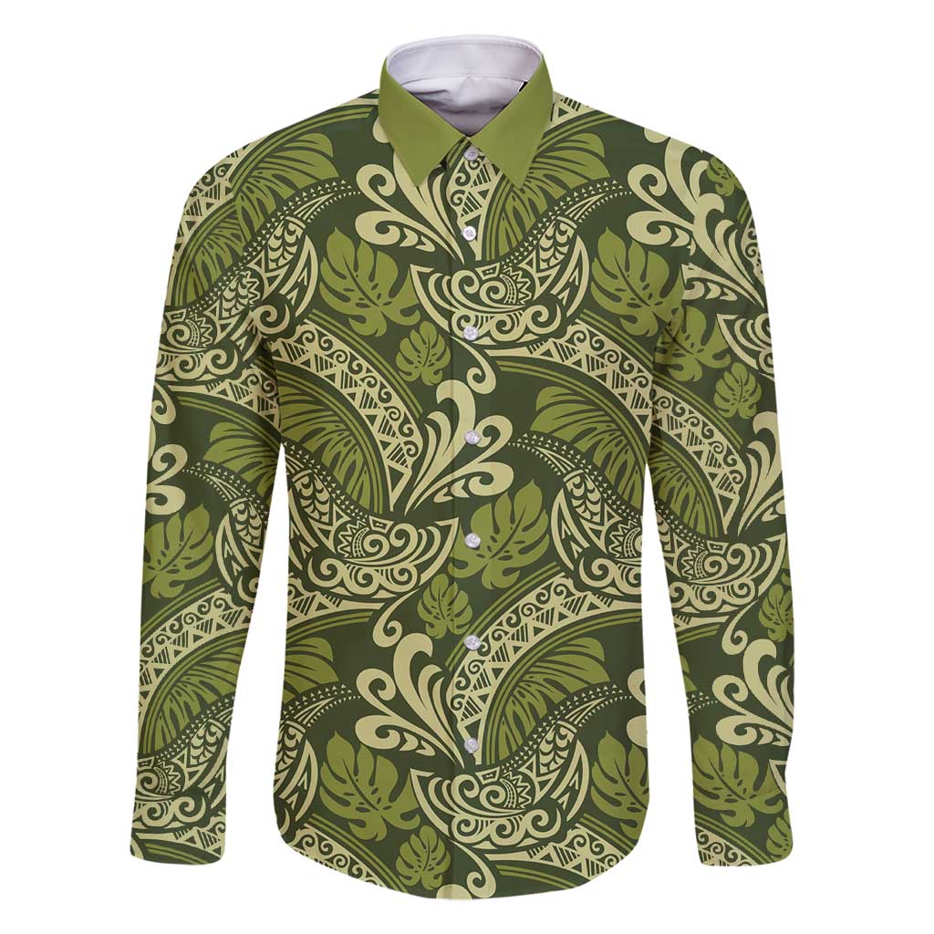 Olive Green Monstera Family Matching Tank Maxi Dress and Hawaiian Shirt Polynesian Tribal Pattern LT01 Dad's Shirt - Long Sleeve Green - Polynesian Pride