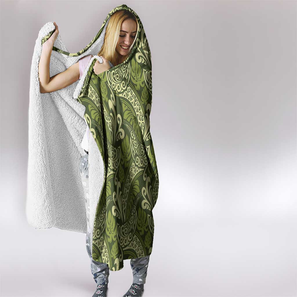 Olive Green Monstera Hooded Blanket Polynesian Tribal Pattern - Polynesian Pride