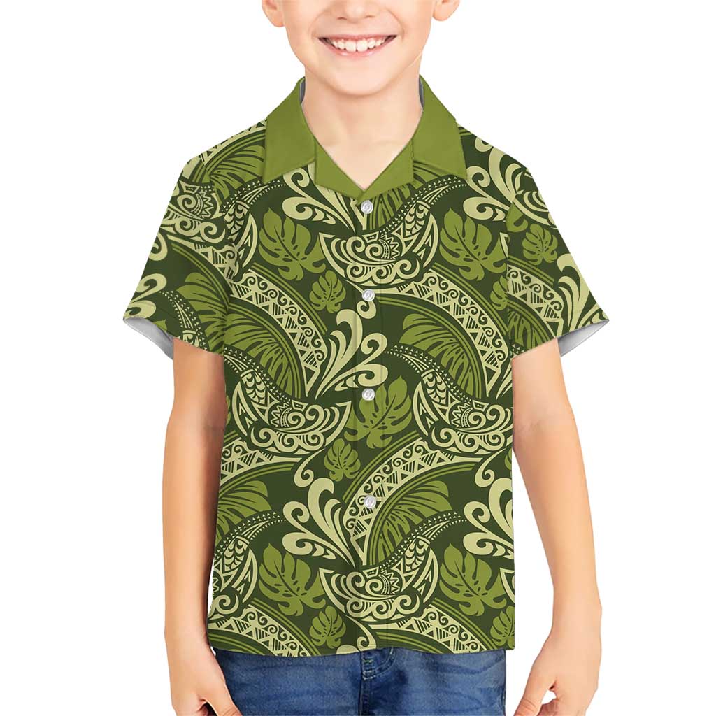 Olive Green Monstera Kid Hawaiian Shirt Polynesian Tribal Pattern LT01 Kid Green - Polynesian Pride