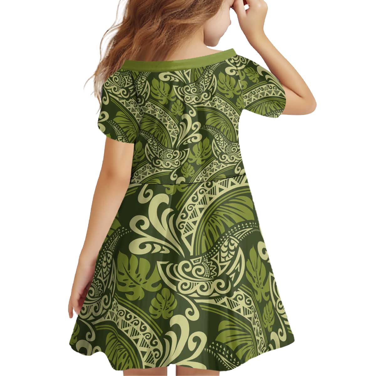 Olive Green Monstera Kid Short Sleeve Dress Polynesian Tribal Pattern - Polynesian Pride