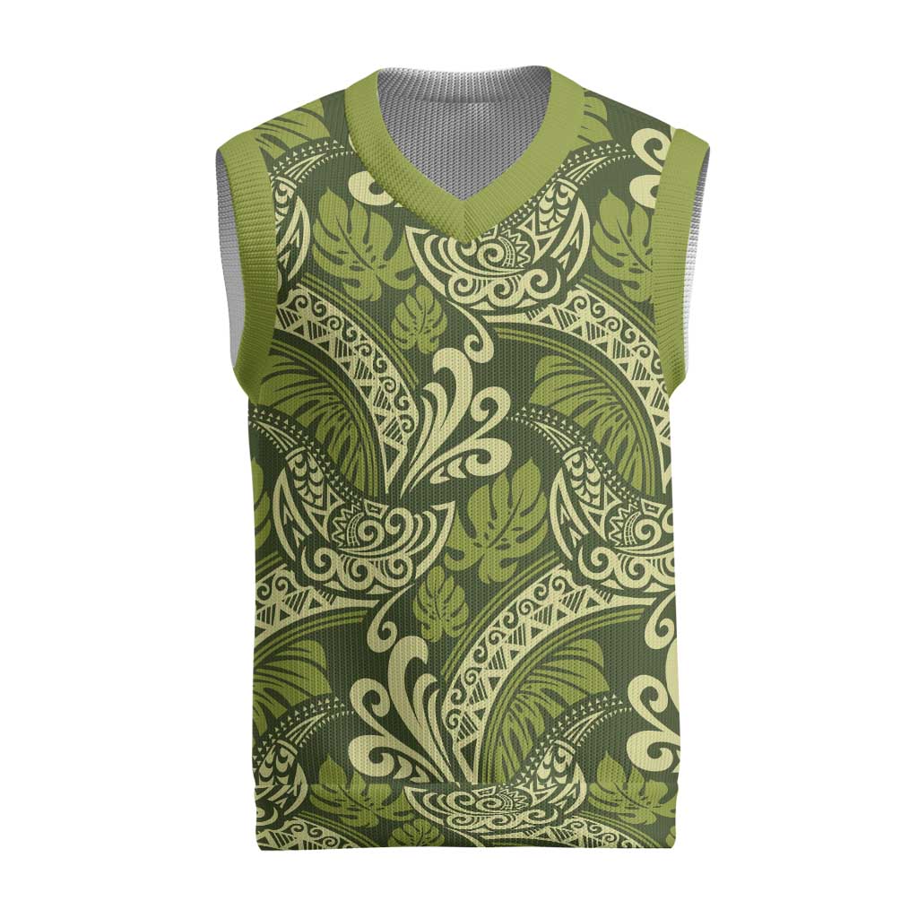 Olive Green Monstera Christmas Knitted V-Neck Vest Polynesian Tribal Pattern LT01 Green - Polynesian Pride