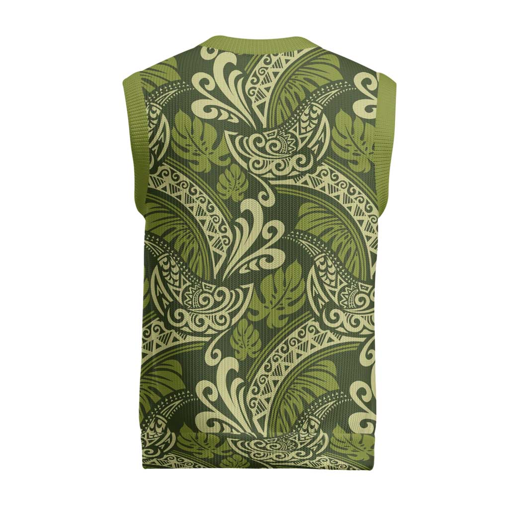 Olive Green Monstera Christmas Knitted V-Neck Vest Polynesian Tribal Pattern LT01 - Polynesian Pride