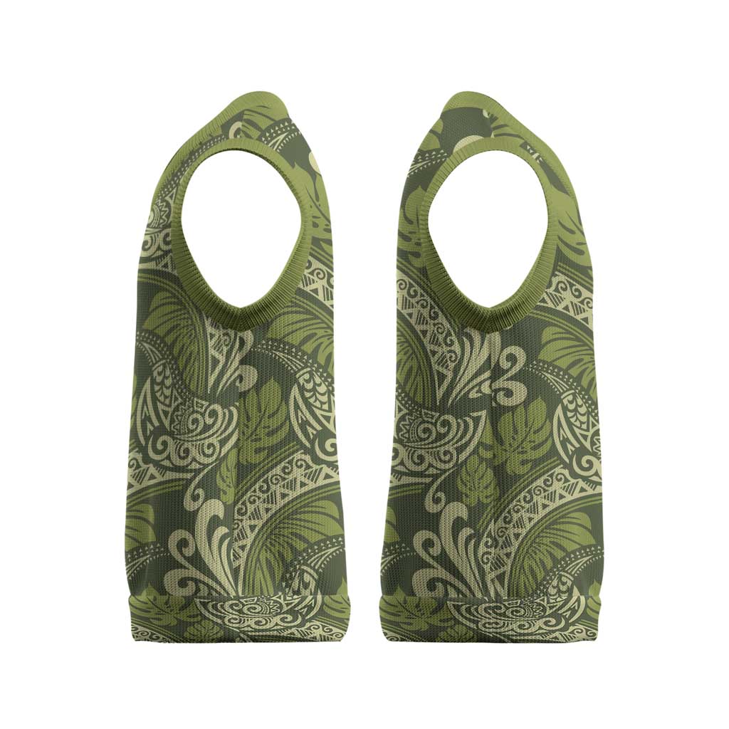Olive Green Monstera Christmas Knitted V-Neck Vest Polynesian Tribal Pattern LT01 - Polynesian Pride