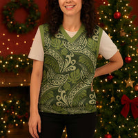 Olive Green Monstera Christmas Knitted V-Neck Vest Polynesian Tribal Pattern LT01 - Polynesian Pride