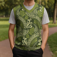 Olive Green Monstera Christmas Knitted V-Neck Vest Polynesian Tribal Pattern LT01 - Polynesian Pride