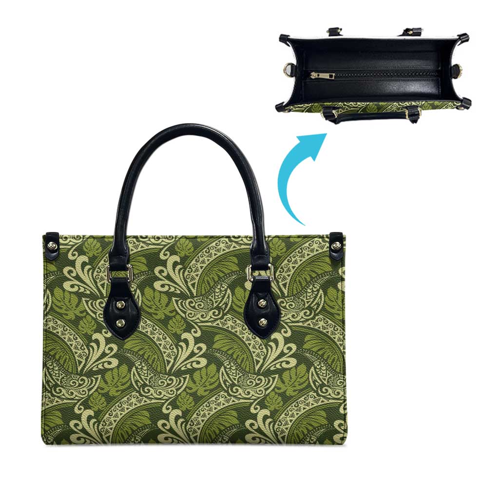 Olive Green Monstera Leather Bag Polynesian Tribal Pattern - Polynesian Pride