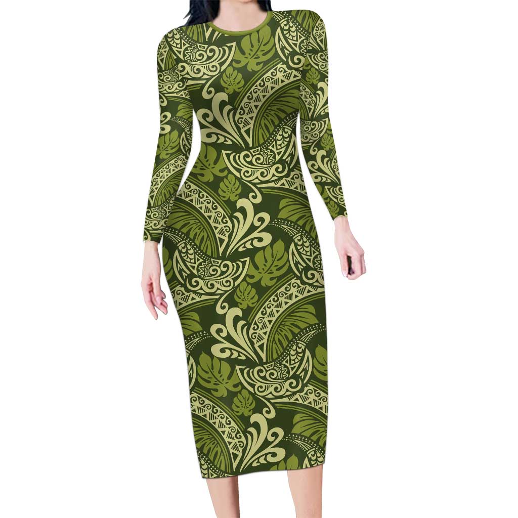 Olive Green Monstera Long Sleeve Bodycon Dress Polynesian Tribal Pattern - Polynesian Pride