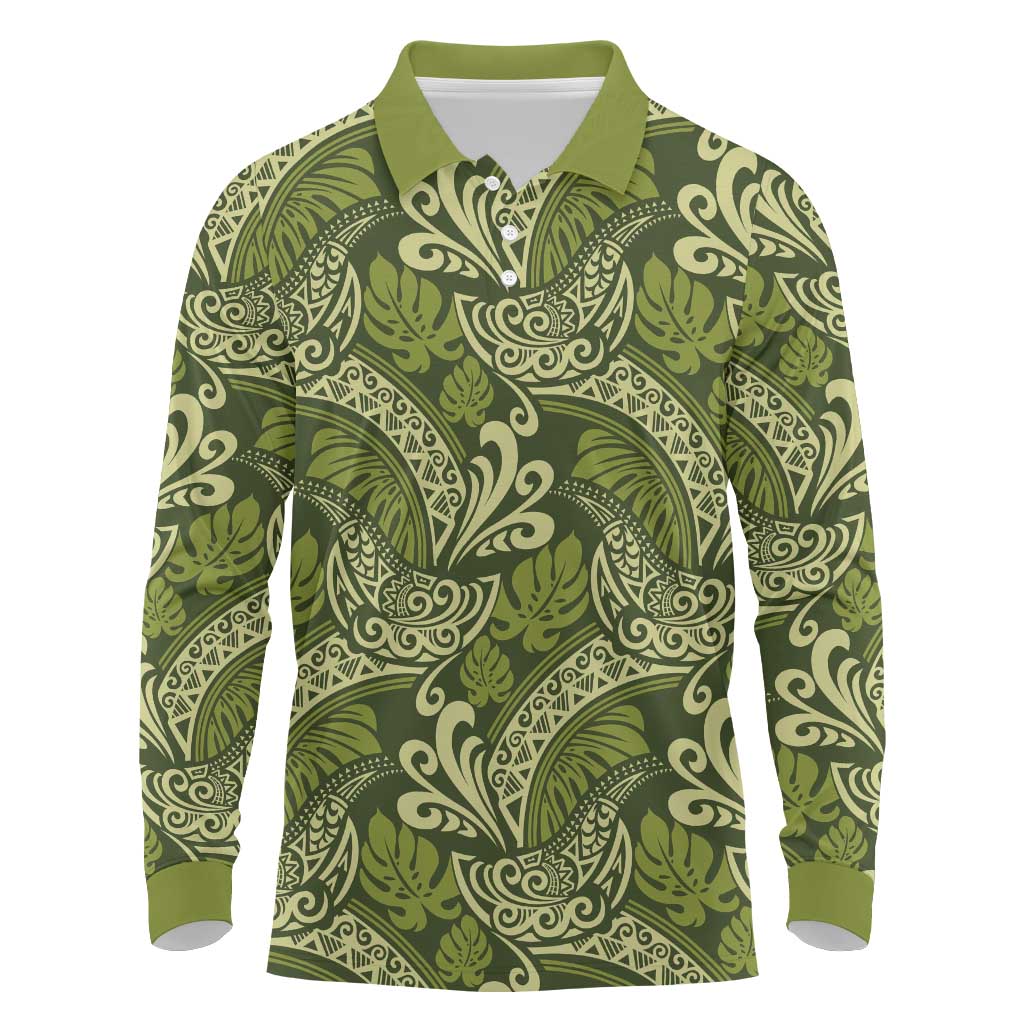 Olive Green Monstera Long Sleeve Polo Shirt Polynesian Tribal Pattern LT01 Green - Polynesian Pride