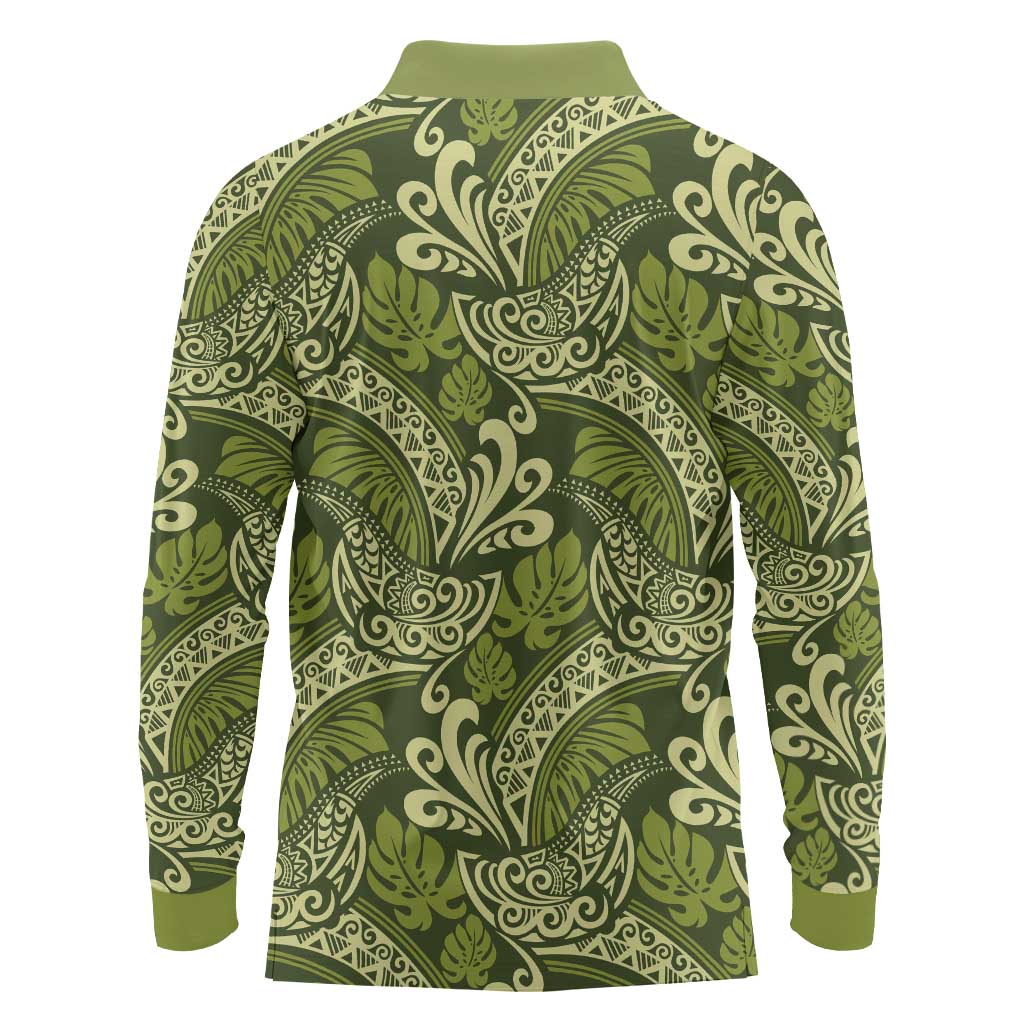 Olive Green Monstera Long Sleeve Polo Shirt Polynesian Tribal Pattern LT01 - Polynesian Pride