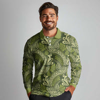 Olive Green Monstera Long Sleeve Polo Shirt Polynesian Tribal Pattern LT01 - Polynesian Pride