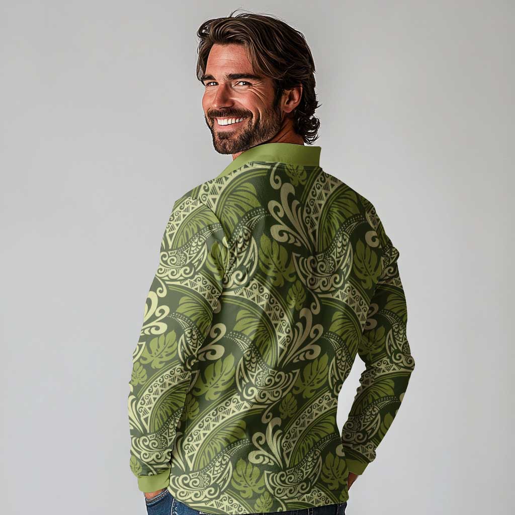Olive Green Monstera Long Sleeve Polo Shirt Polynesian Tribal Pattern LT01 - Polynesian Pride