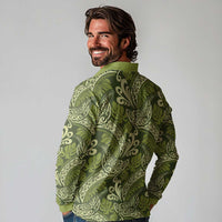 Olive Green Monstera Long Sleeve Polo Shirt Polynesian Tribal Pattern LT01 - Polynesian Pride