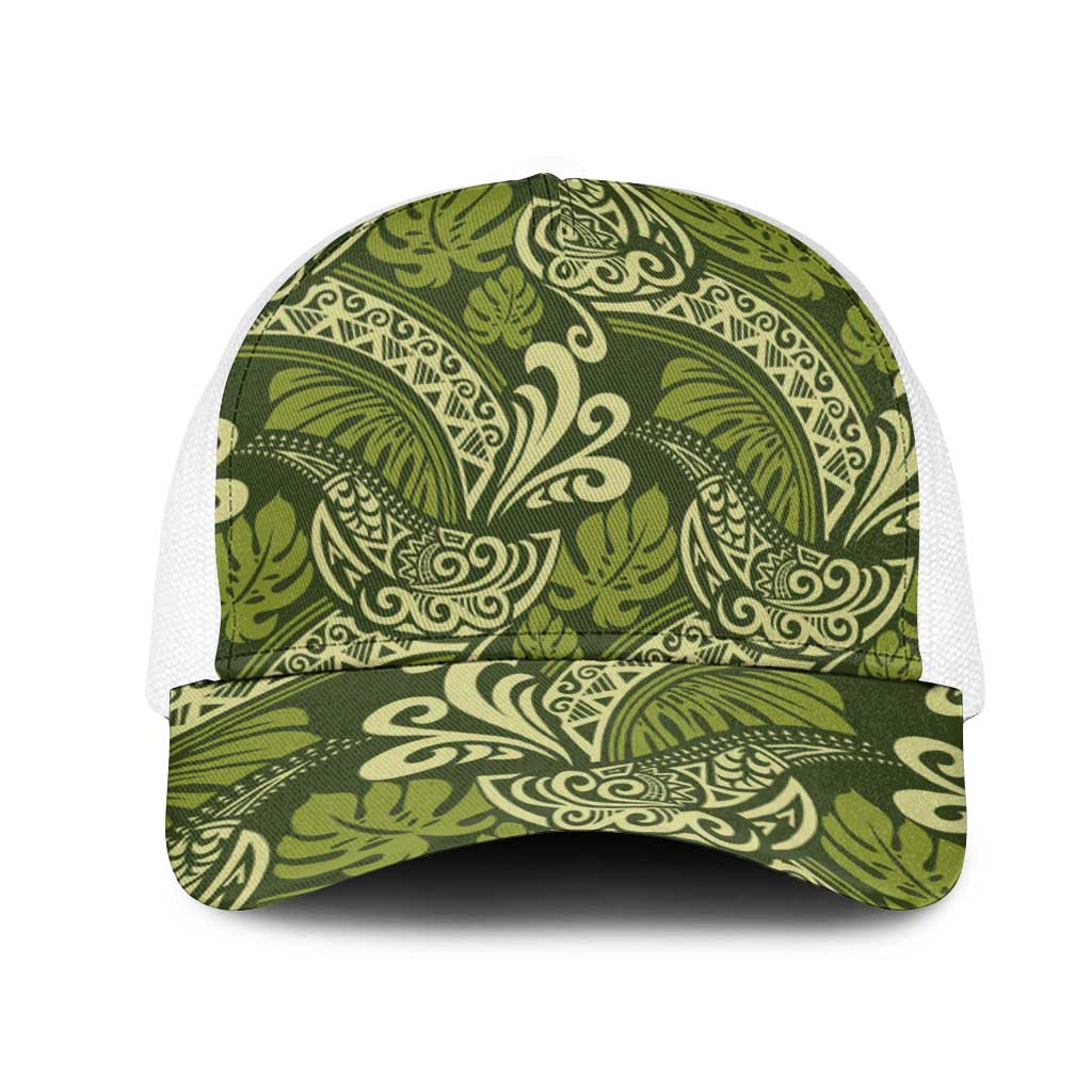 Olive Green Monstera Mesh Trucker Cap Polynesian Tribal Pattern - Polynesian Pride