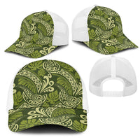 Olive Green Monstera Mesh Trucker Cap Polynesian Tribal Pattern - Polynesian Pride