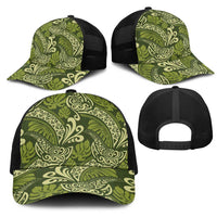 Olive Green Monstera Mesh Trucker Cap Polynesian Tribal Pattern - Polynesian Pride