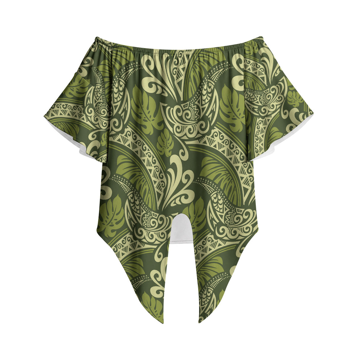Olive Green Monstera Off Shoulder Wrap Waist Top Polynesian Tribal Pattern LT01 Green - Polynesian Pride