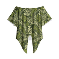 Olive Green Monstera Off Shoulder Wrap Waist Top Polynesian Tribal Pattern LT01 Green - Polynesian Pride