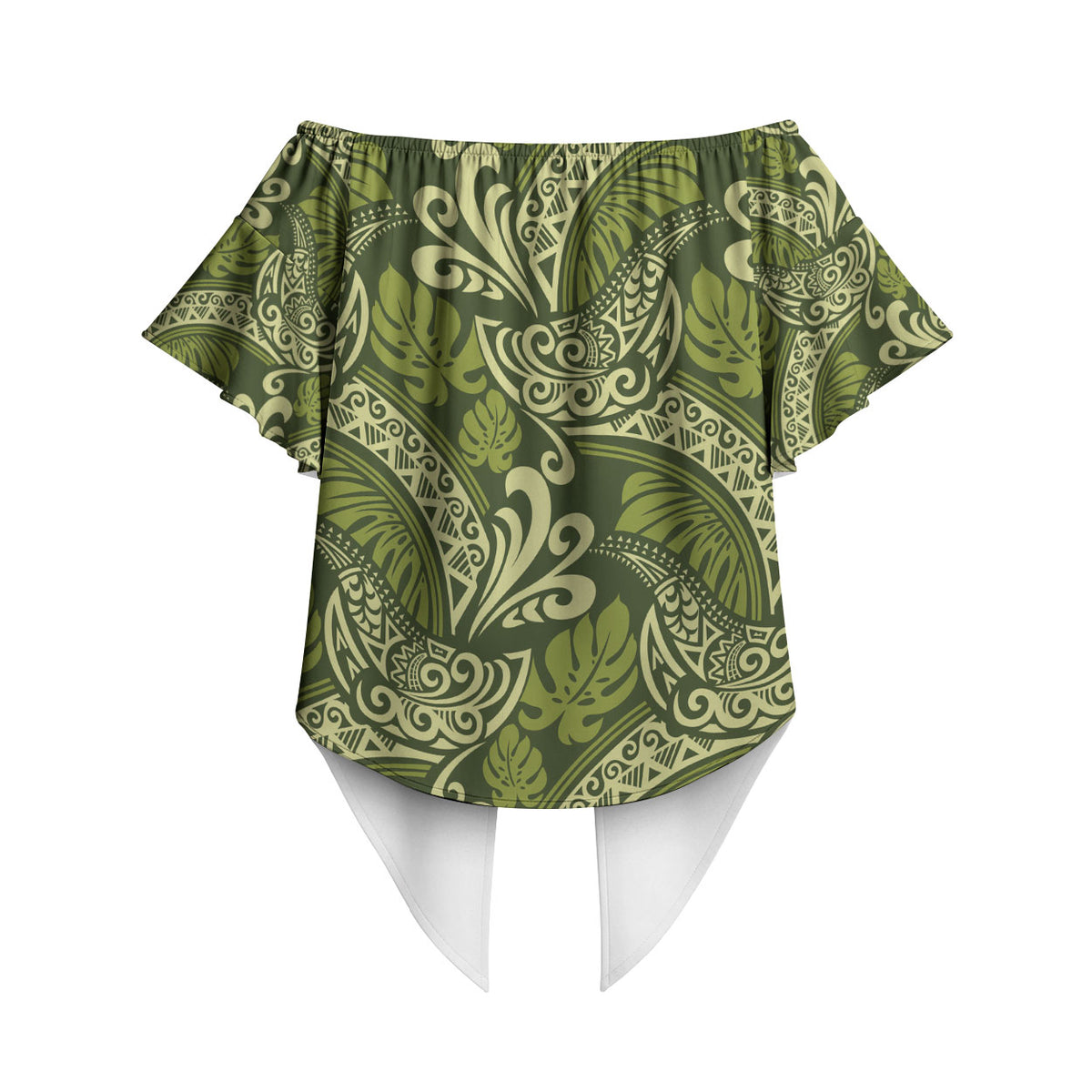 Olive Green Monstera Off Shoulder Wrap Waist Top Polynesian Tribal Pattern LT01 - Polynesian Pride