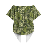 Olive Green Monstera Off Shoulder Wrap Waist Top Polynesian Tribal Pattern LT01 - Polynesian Pride