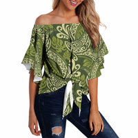 Olive Green Monstera Off Shoulder Wrap Waist Top Polynesian Tribal Pattern LT01 - Polynesian Pride