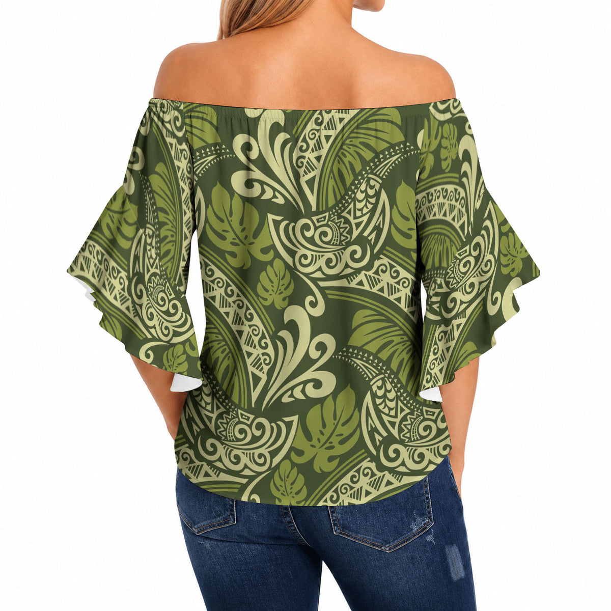 Olive Green Monstera Off Shoulder Wrap Waist Top Polynesian Tribal Pattern LT01 - Polynesian Pride